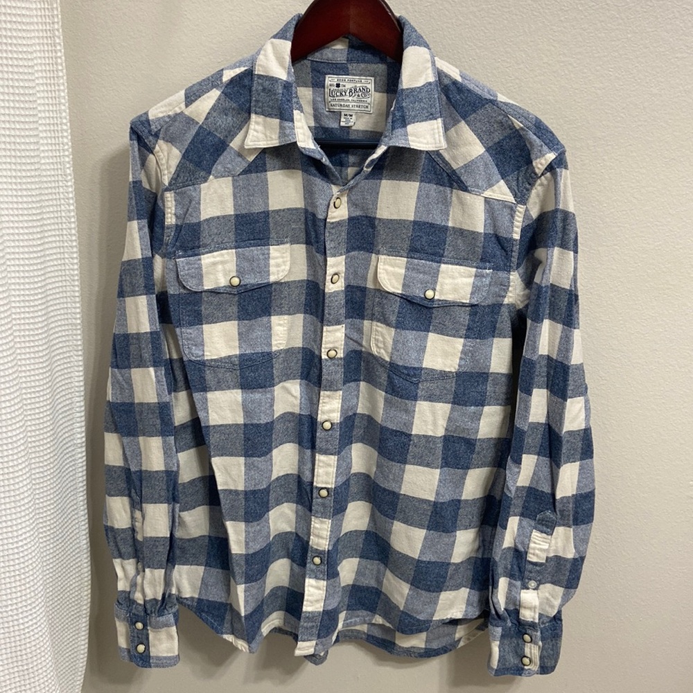 Men’s Lucky Brand Blue & White Plaid Flannel Long Sleeved Button Down Shirt-Sz M
